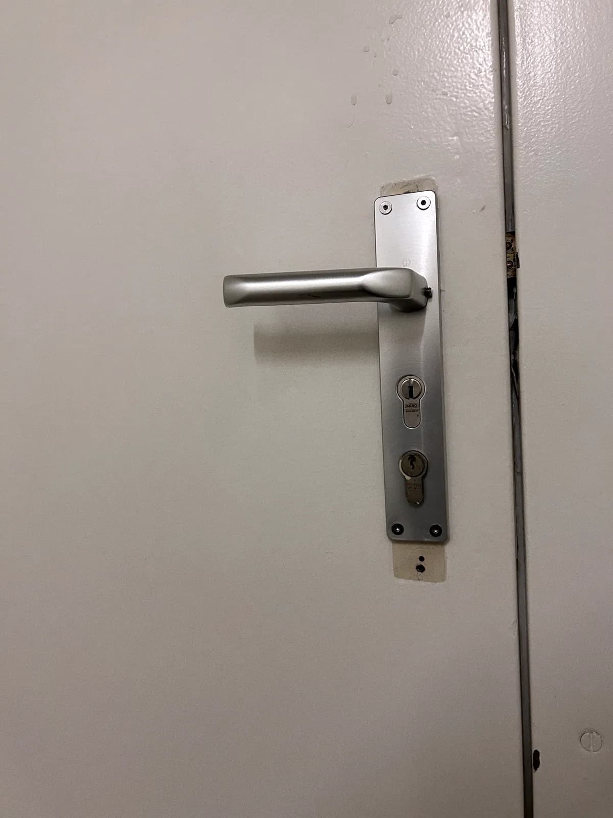 Béquille sur plaque et cylindre, montés sur une porte métallique
