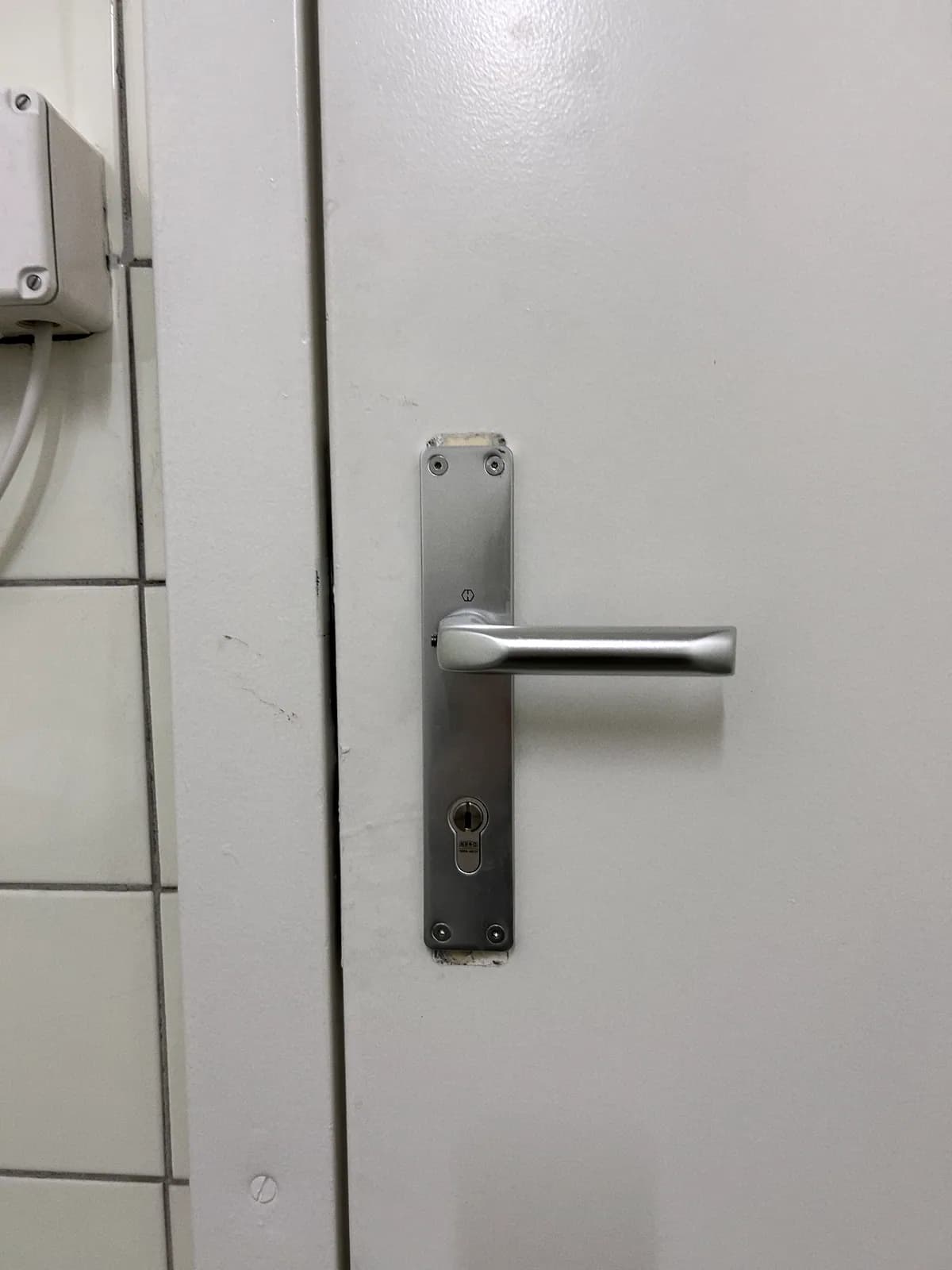 Poignée sur plaque longue et cylindre, posés sur une porte
